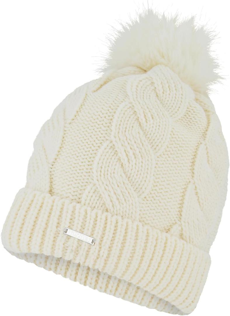 Spyder Women's Cable Knit Pom Pom Beanie with Ribbed Cuff (White)