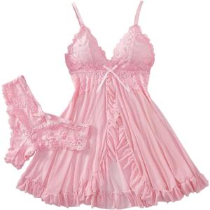 Foxiny Sexy Ruffle Sheer Mesh Lace Wireless Babydoll Lingerie Dress with Thong 2 Piece Women Panty Set Negligee Nighty Night Gown Sleep Wear Ruched See Through Pink Medium