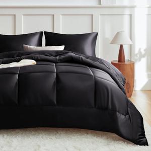 MR&HM Queen Comforter Set Black, Reversible Satin Microfiber Comforter Set for All Seasons, 3 Pieces Non-Slip Silky Soft Bedding Sets with 1 Comforter (90"x90") and 2 Pillowcases (20"x26")