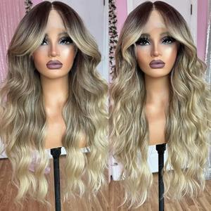 Seykiki Blonde Synthetic Lace Front Wig for Black Women Pre Plucked With Baby Hair Light Blonde with Black Root 26 Inch Long Wavy Middle Part Wig 13x4x1