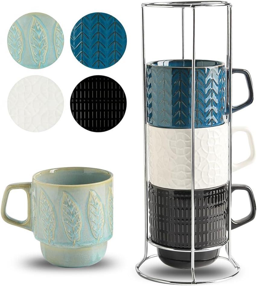 KOOV Ceramic Coffee Mug Set with Stand, 16 oz Coffee Mugs for Coffee, Tea, Cocoa, Stackable Ceramic Coffee Cup Set of 4, Large Mug Set of 4, Drinking Vessels for Women, Men (Blueset)