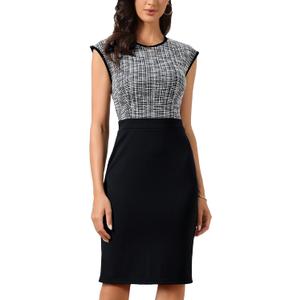 Allegra K Tweed Dress for Women Patchwork Crew Neck Cap Sleeve Office Business Bodycon Pencil Sheath Dresses