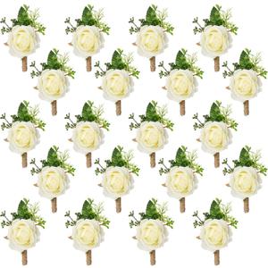 Sherr 10 Pcs Rose Boutonniere for Men Wedding Corsage Rose Groom and Groomsmen Boutonniere with Artificial Flower for Rustic Vintage Wedding Ceremony Anniversary Dinner Prom Party (White)