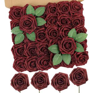 MACTING Mothers Day Flowers 30PCS Artificial Glitter Roses Real Touch Red Flowers with Stem Foam Roses for Wedding Bouquet Table Centerpieces Party Wreath Home Spring Graduation Decorations
