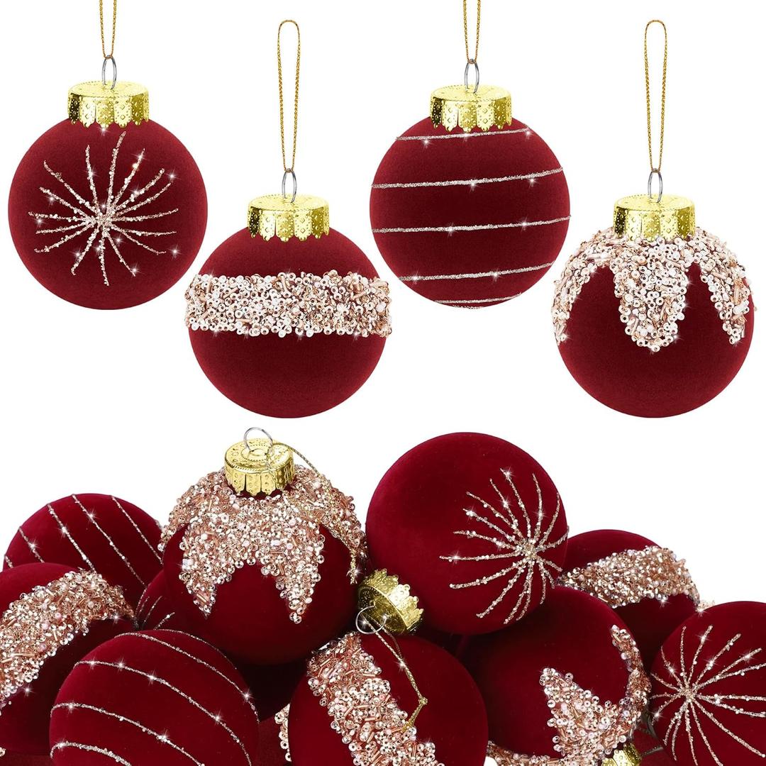 Fovths 12 Pack Velvet Flocked Christmas Tree Balls - 3.15 Inch Plastic Balls - Burgundy