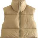 Shiyifa Women's Fashion High Neck Zipper Cropped Puffer Vest Jacket Coat (Medium, Khaki)