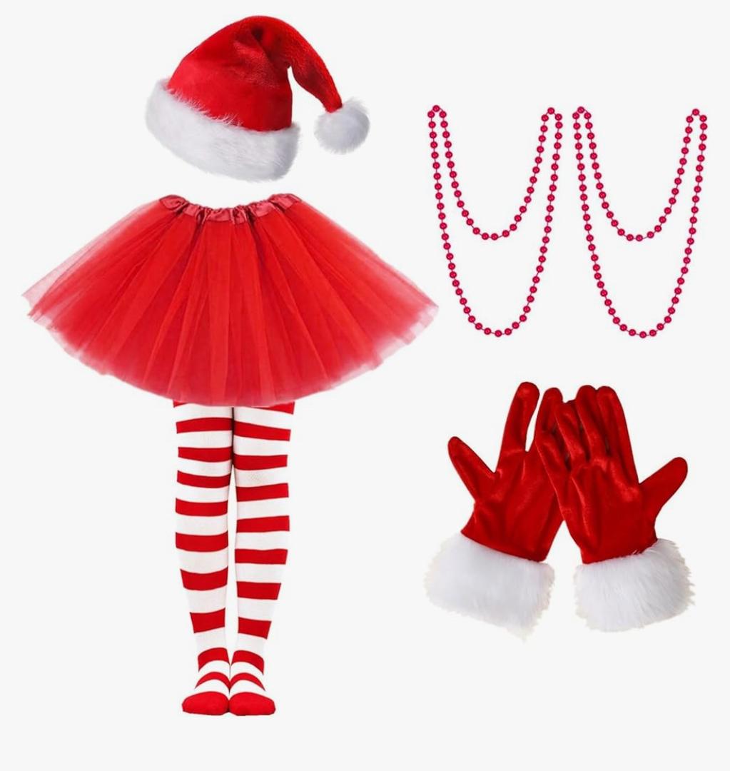 Women Christmas Costume, Xmas Women  with Hat TIGHTS And Necklace, Christmas Elf Costume Santa Skirt