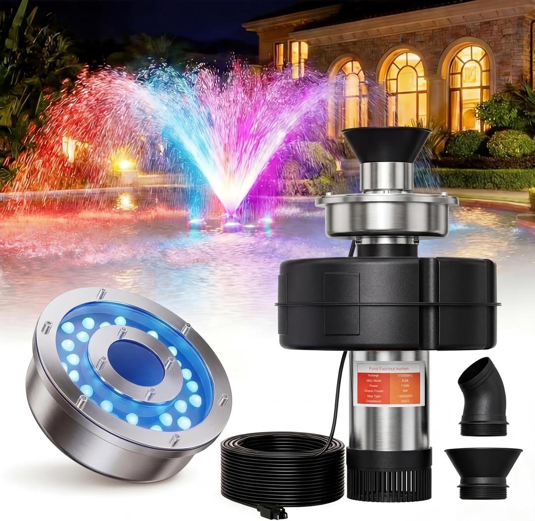 Pond Fountain Aerator, 1HP 110V 15000 GPH Stainless Steel Floating Pump w/ 100ft Cord – Aerator for Ponds, Lakes, Water Gardens (Black +Light)