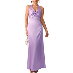 ShawGobow Satin Formal Dress,V Neck Backless Long Prom Dresses for Women,Sexy Elegant Wedding Guest Cocktail Outfit, Size M, Light Purple