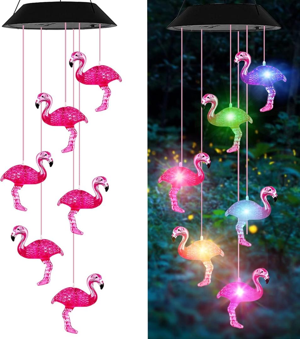 Solar Wind Chimes Flamingo,Birthday Gifts for Mom Grandma Dad, IP65 Waterproof Memorial with 7 Color Changing LED Lights, Outdoor Decor Garden Yard Decorations
