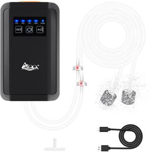 AQQA Fish Tank Air Pump Dual Outlets Rechargeable Battery Air Pump Aquarium Aerator Powerful Backup Fish Oxygen Pump Portable for Live Bait Adjustable Airflow (3W,120GPH)