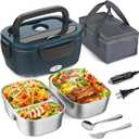 Vingud Electric Lunch Box for Adults, Heated Lunch Box for Men Women with Dual 1.5L SS Containers, Portable 80W Food Warmer for Car/Truck, Lonchera Elctrica Porttil Christmas White Elephant Gifts (Velvet+Blue)