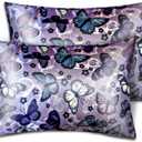 Silk Satin Pillowcase for Hair and Skin Soft Satin Pillow Cases Standard Size Pack of 2, Wrinkle, Fade-Resistant with Envelope Closure (20x26, Purple, Butterflies & Flower)