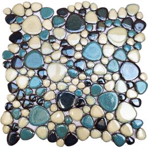 Interlocking Pebble Tiles 5 Sheets, Aqua Teal Blue Mosaic Tiles Mesh Mounted, 12x12 Waterproof Ceramic Tile Flooring for Kitchen Bath Backsplash Shower Floor Pool