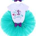 FYMNSI Mermaid 1st 2nd 3rd Birthday Outfit for Baby Girl Romper Tutu Skirt Shiny Headband Cake Smash Clothes Set Photo Props (1T, Aqua)