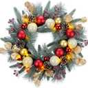 YULETIME 20-inch Christmas Wreath, Battery Operated Holiday Wreath with 20 Fairy Lights, Red & Gold Baubles, Frosty Red Berries, Pine Cones, Golden Leaves, Frosted Spruce Branches & Pine Needles