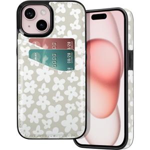 for iPhone 13/14/15 Wallet Case Card Holder Slot Slim Cute Design Soft Leather Protective Phone Case with 2 Credit Card Pockets Cover for 6.1 inch for Women Girls,Natural Flowers