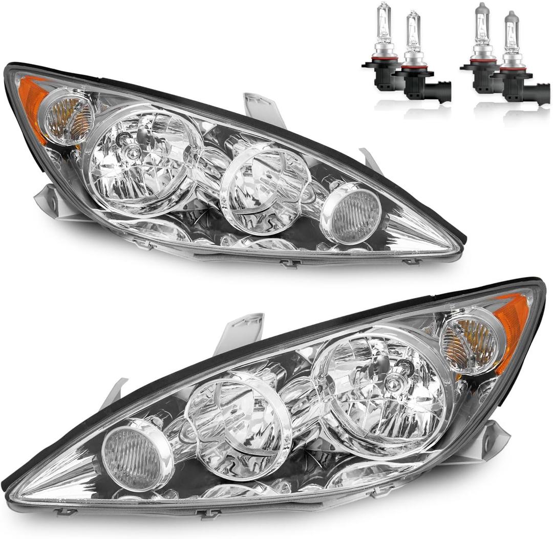 Headlights W/Bulbs for 2005 2006 Toyota Camry 4-door sedan Base, LE, SE, XLE Halogen Headlamp Replacement Driver & Passenger Side