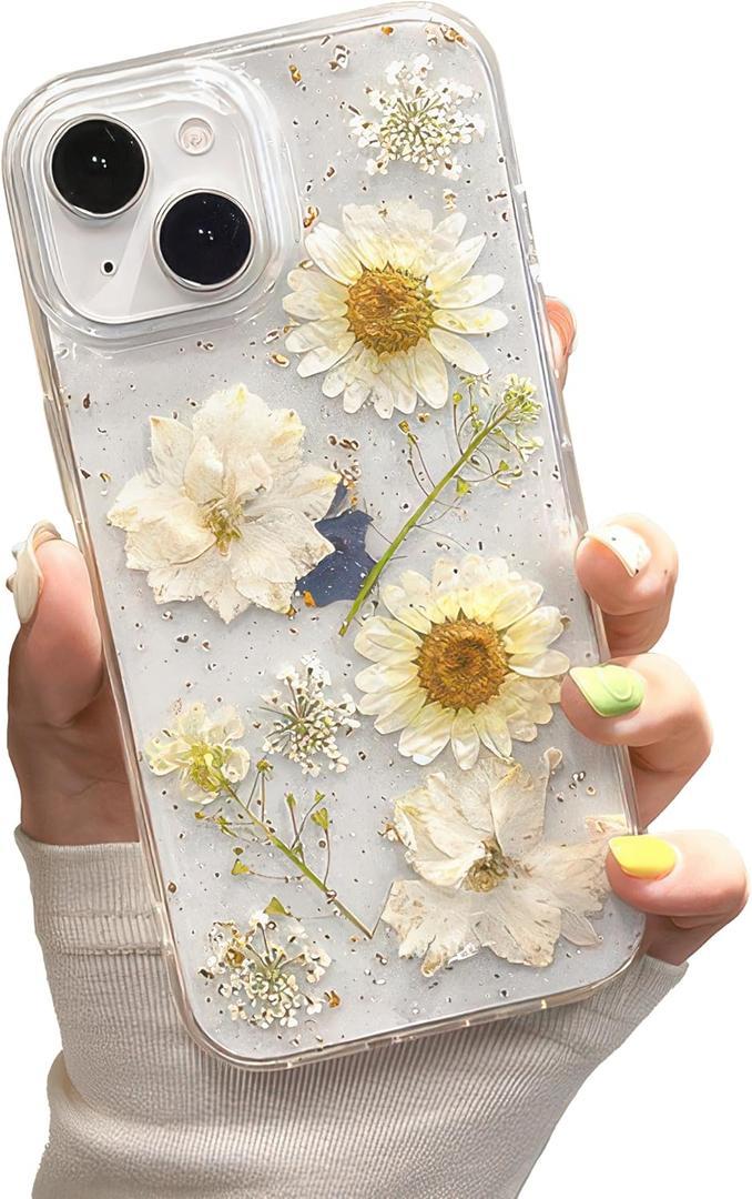 for iPhone 14 Clear Case with Pressed Real Flowers Design - Glitter Cute White Floral Pattern, Slim Soft TPU Protective Phone Cover for Women and Girls (iPhone 14, Clear White)