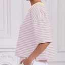 Meladyan Women's Stripes Henley T Shirts Cropped Boxy Tees Oversized Crewneck Short Sleeve T-Shirt Roll Hem Summer Tops (Pink, S)