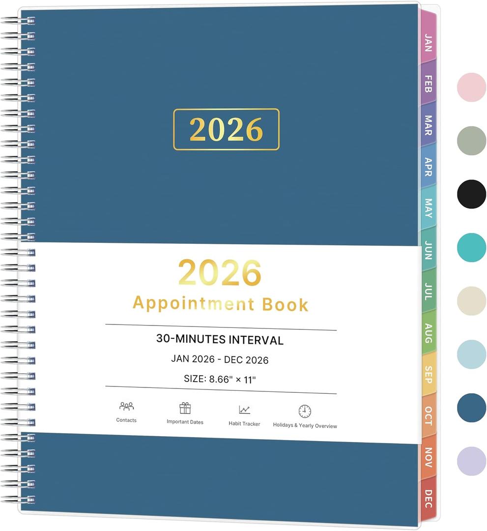 3 x 2026 Appointment Book, 30 Minutes-Hourly, Weekly  Monthly Calendar Planner 2026, Jan 2026 - Dec 2026, 8.5'' x 11'', 2026 Daily Planner with Tabs Pocket, Flexible Cover, Great for Office, Home, School (Light Blue)