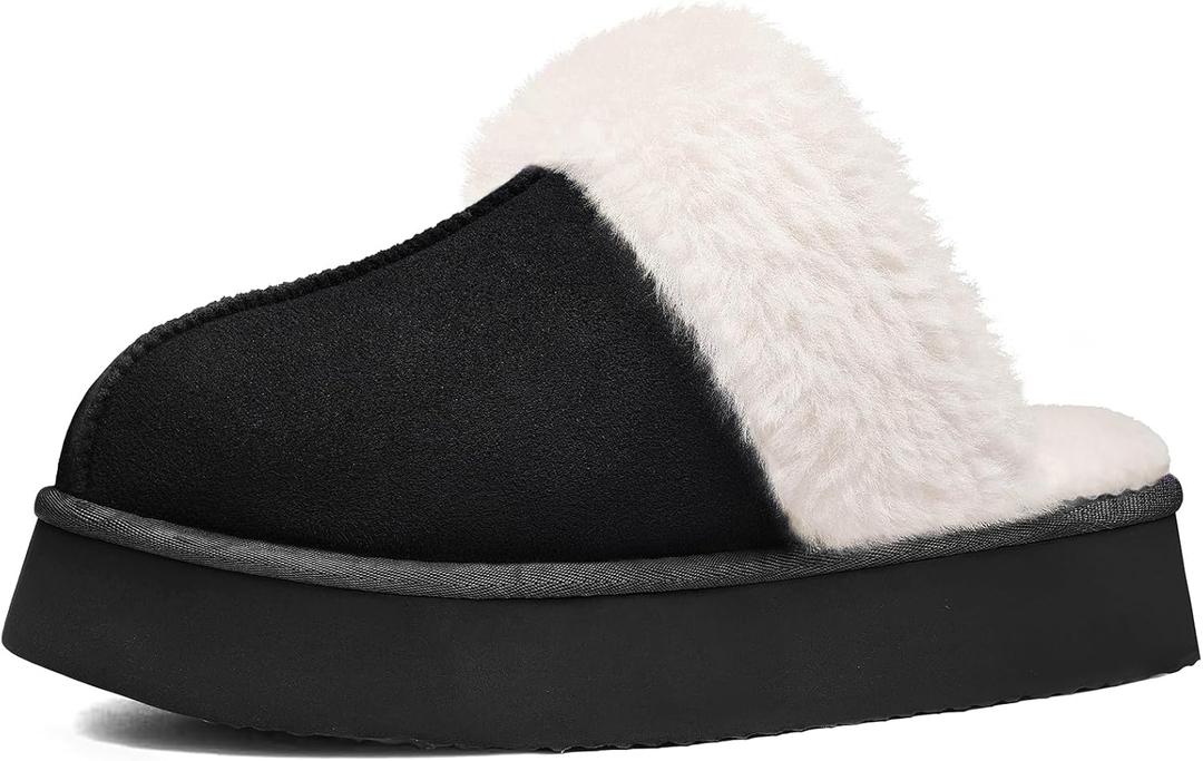 Litfun Women's Fuzzy Memory Foam Slippers Fluffy Winter House Shoes Indoor and Outdoor (Black, 8-8.5)