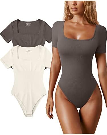 OQQ Women's 2 Piece Bodysuits Sexy Ribbed One Piece Square Neck Short Sleeve Bodysuits L