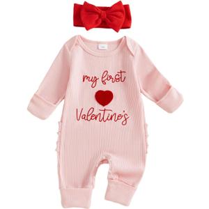 My First St Patricks Day Baby Girl Outfit Newborn Onesie Long Sleeve Romper Waffle Jumpsuit Clothes With Headband (Valentines Pink, Newborn)