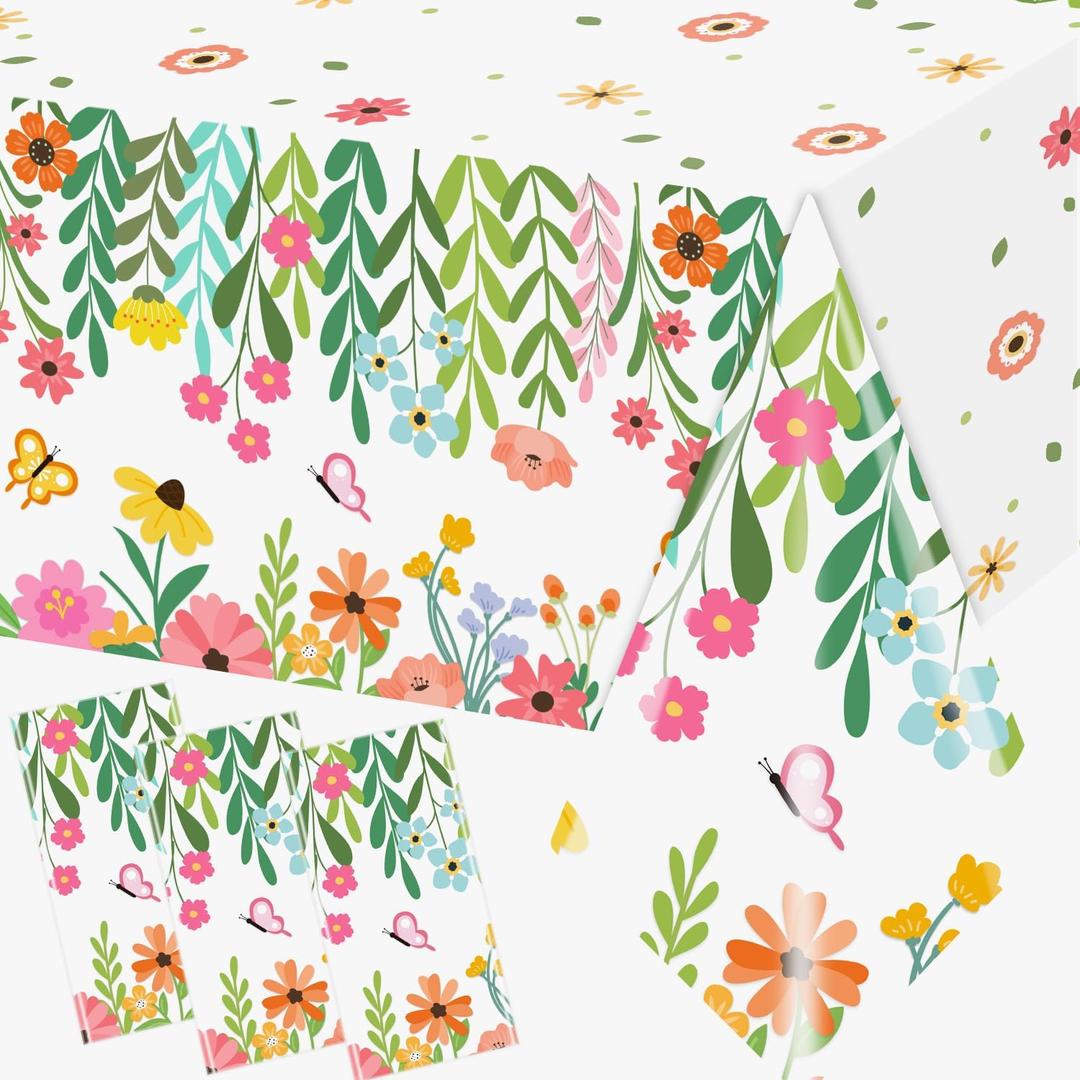 Wildflower Baby Shower Tablecloth Decorations 3Pcs Spring Floral Tablecloth Disposable Wildflower Table Cover for Summer Spring Wedding Flower Birthday Baby Shower Tea Party Decorations