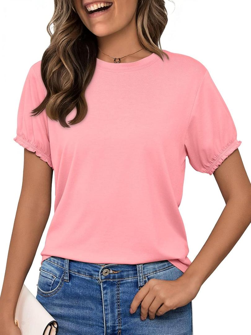 Womens Ruffle Short Sleeve T Shirts Summer Tops Trendy 2026 Dressy Casual Blouses Crew Neck Loose Basic Tees (L)