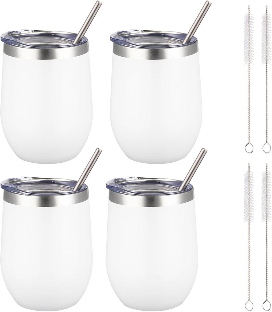 12 oz Insulated Wine Tumbler with Lid and Straw,Stainless Steel Stemless Wine Tumbler Glasses Double Wall Vacuum Wine Cups Tumbler Bulk for Coffee,Cocktail,Office (White,4)