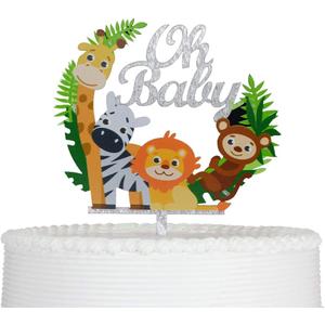 Baby Shower Cake Topper Woodland Animals Decorations Reusable Acrylic for Baby Shower Child Birthday Party Supplies Silver Glittery