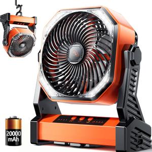 Camping LED Fan with Light,20000mAh Rechargeable Battery Powered Outdoor Tent Fan with Light and Hook, 4 Speed, Personal USB Desk Fan for Camping, Fishing, Power Outage,Hurricane, Worksite (D10-Orange)