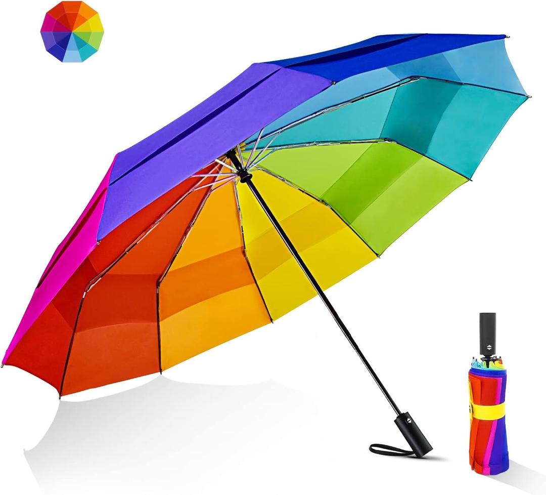 Lejorain Large Golf Umbrella Windproof - Rainbow Oversized 54inch Double Layer 10Ribs Folding Travel Umbrella Compact Auto Open Close for Rain Women/Men