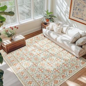 jinchan Area Rug 4x6 Bedroom Rug - Washable Boho Vintage Floral Low Pile Thin Throw Non-Slip Non-Shedding Carpet for Living Room, Dining Room, Kitchen, Office, Cream Red Green Multi