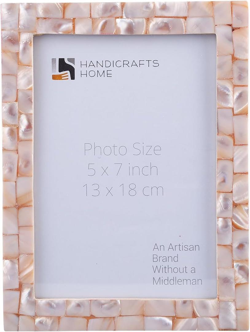 Handicrafts Home Mother of Pearl Picture Frame 5x7, Decorative Photo Frame for Tabletop or Wall, Handmade Shell Mosaic Frame, Modern Home Decor, Gift Picture Frame, Pink
