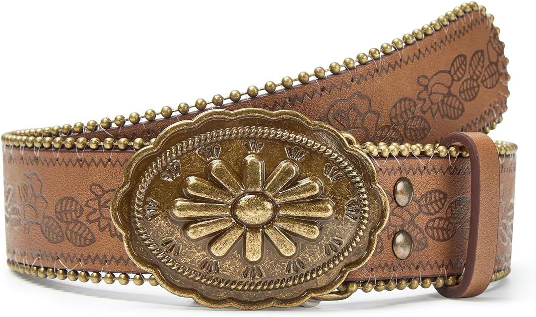 Western Belt for Women Cowgirl Cowboy PU Leather Belts for Jeans, Floral Embossed Vintage Buckle (S Fits Waist 27"-33", Conchobrown)