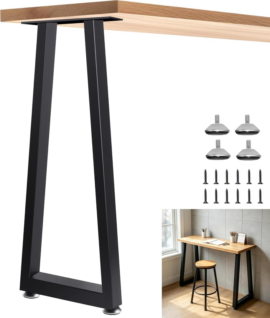36 Inch Metal Bar Table Legs Trapezoid, Heavy Duty Industrial Style Counter Height Table Legs with Adjustable Feet Pads, DIY Kitchen Island Standing Desk, Set of 2, Black, H36" T