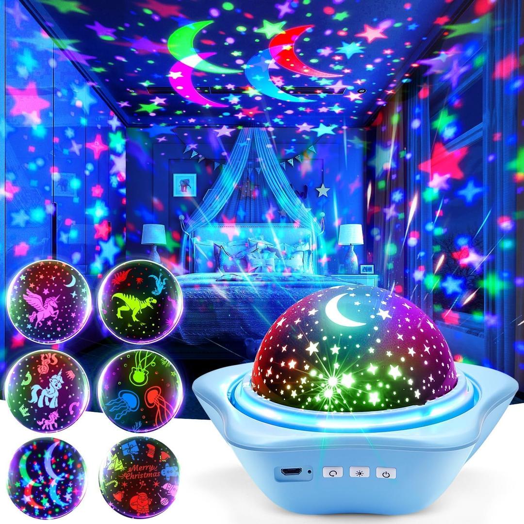 One Fire Night Light for Kids Gifts, 6 Films+78 Lighting Modes Ceiling Star Projector, Rechargeable Night Light Projector,360Rotion Star Lights for Bedroom Decor,Sensory Toys for Baby Christmas Gifts (Blue)