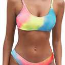 Fanuerg Women's Ribbed Bikini Sets Scoop Neck Cheeky Swimsuit Textured Two Piece Bathing Suit (Large, Rainbow Tie Dye)