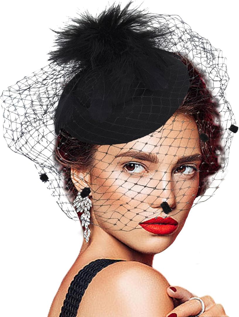 Fascinators Hat Flower Mesh 20s 50s Pillbox Hat Cocktail Tea Party for Women (Black)