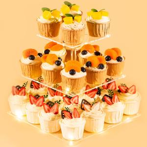 3 Tier Cupcake Stand Cupcake Holder, Acrylic Cupcake Tower with LED Yellow Light for 24 Cupcakes, Dessert Table Display Set for Birthday, Bar, Decor Weddings, Parties Events (3 Tire square)