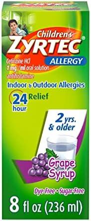 Zyrtec 24 Hour Children's Allergy Syrup with Cetirizine HCl, Antihistamine Allergy Medicine for Indoor & Outdoor Allergy Relief for Kids, Dye-Free & Sugar-Free, Grape Flavor, 8 fl. oz