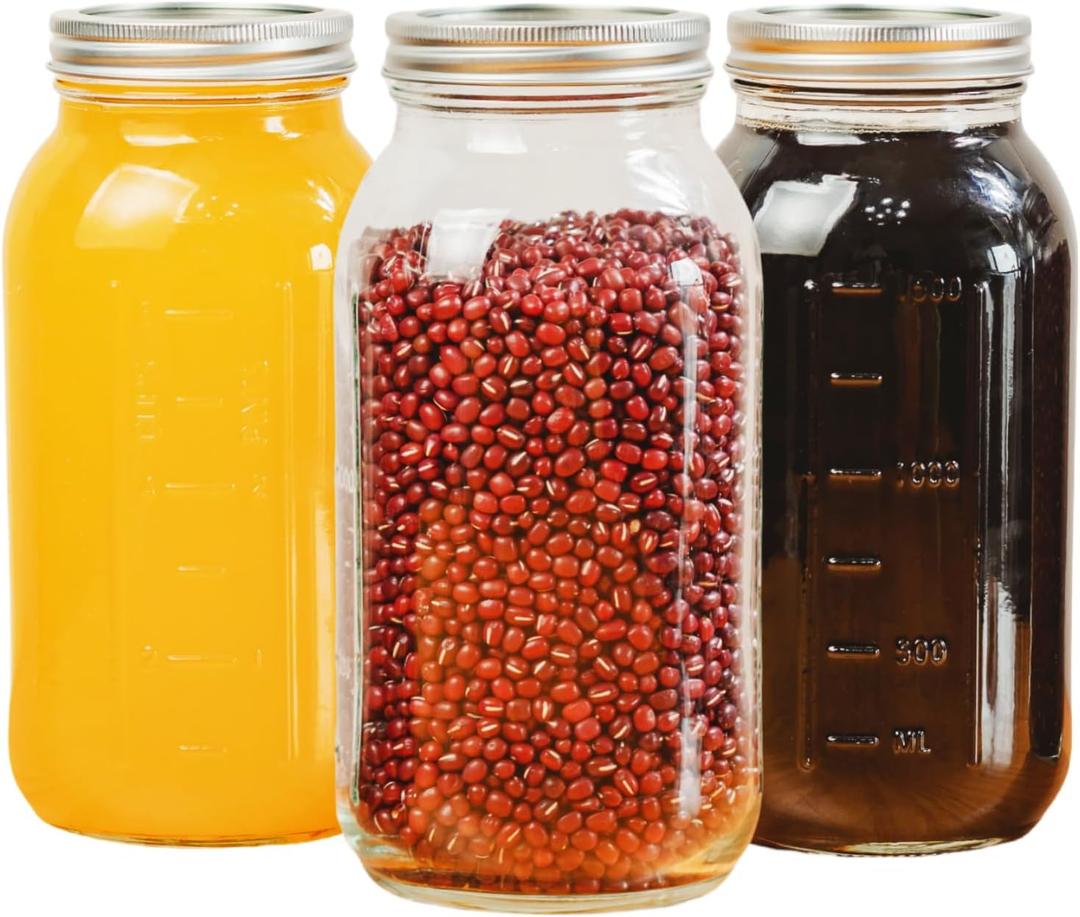 64 Oz Wide Mouth Mason Jars 3 Pack, Clear Glass Canning Jars with Metal Split Lids, Dual-Sided Measurement Marks, Large Glass Jars for Fermenting, Pickling, Food Storage & Kitchen Use