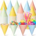 Honeydak 200 Pcs 6 oz Snow Cone Cups with 8 Inch Spoon Straw Spring Pastel Leakproof Paper Cone Water Cups Disposable Colorful Shave Ice Cream Bowl for Slush Shaved Ice Cream Sorbet Water, 4.72 x 3.35 inches