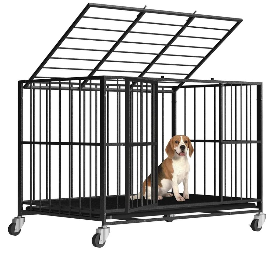 38 Inch Heavy Duty Dog Crate Steel Escape Proof, Dog Kennel Indoor Double Door High Anxiety Cage, Removable Tray, Crate with Wheels,XL