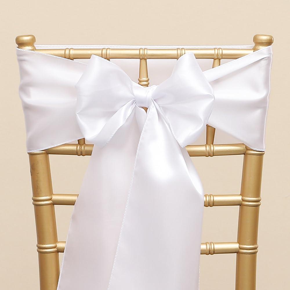 Pack of 50 Satin White Chair Sashes Bows 7 X 108 Inch Universal Chairs Ribbons for Wedding Ceremony Party Banquet Restaurant Event Decorations - White Chair Sashes 50 Pack