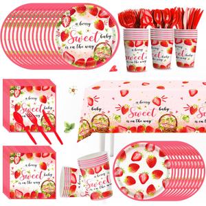 169pcs Strawberry Baby Shower Deorations Berry Sweet Plates Napkins Cups Tablecloths A Berry Sweet Baby is On The Way Paper Tableware Set Strawberry Party Supplies Serves 24 Guests