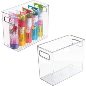 mDesign Slim Plastic Storage Container Bin with Handles - Bathroom Cabinet Organizer for Toiletries, Makeup, Shampoo, Conditioner, Face Scrubbers, Loofahs, Bath Salts - 5" Wide, 2 Pack - Clear