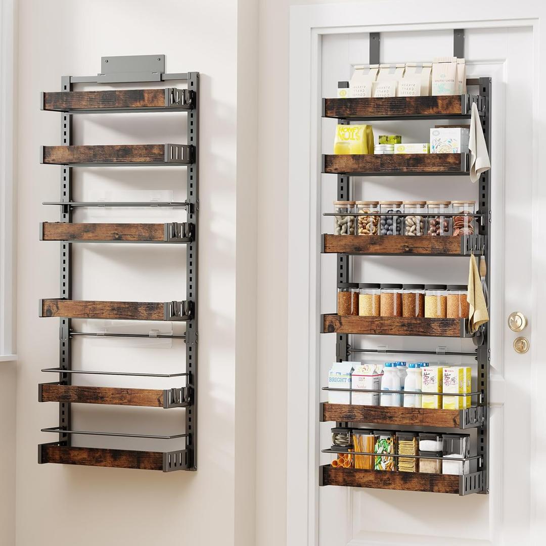 6 Tier Over The Door Pantry Organizer, 2 IN 1 Wall Mount or Metal Hanging Spice Rack for Pantry Organizers and Storage, Seasoning ShelvesAdjustable Basket with Hooks for Kitchen Cabinet and Closet (Black)